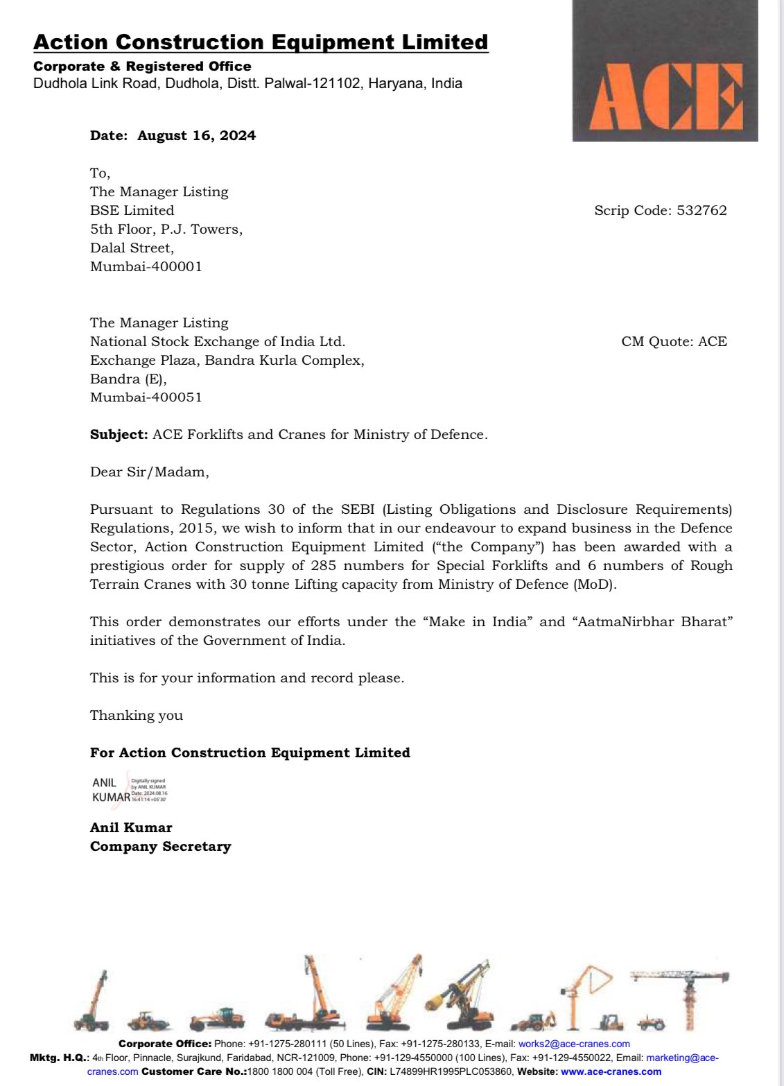 Big Breaking Action Construction Equipement ACE Prestigious Order From Ministry Of Defence